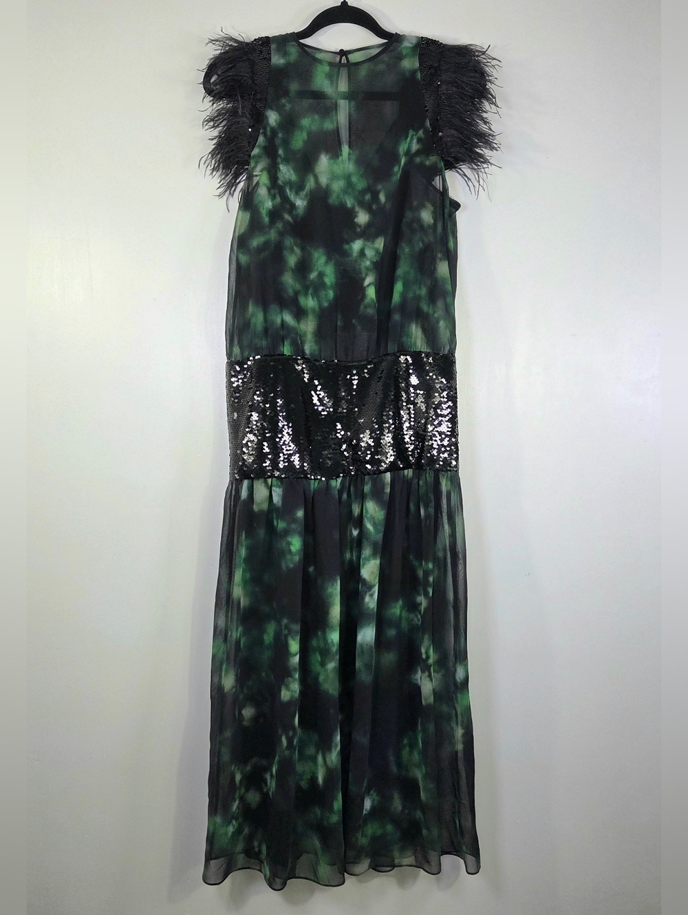 Zara Green and Black Tie-Dye Midi Dress with Feathered Sleeves